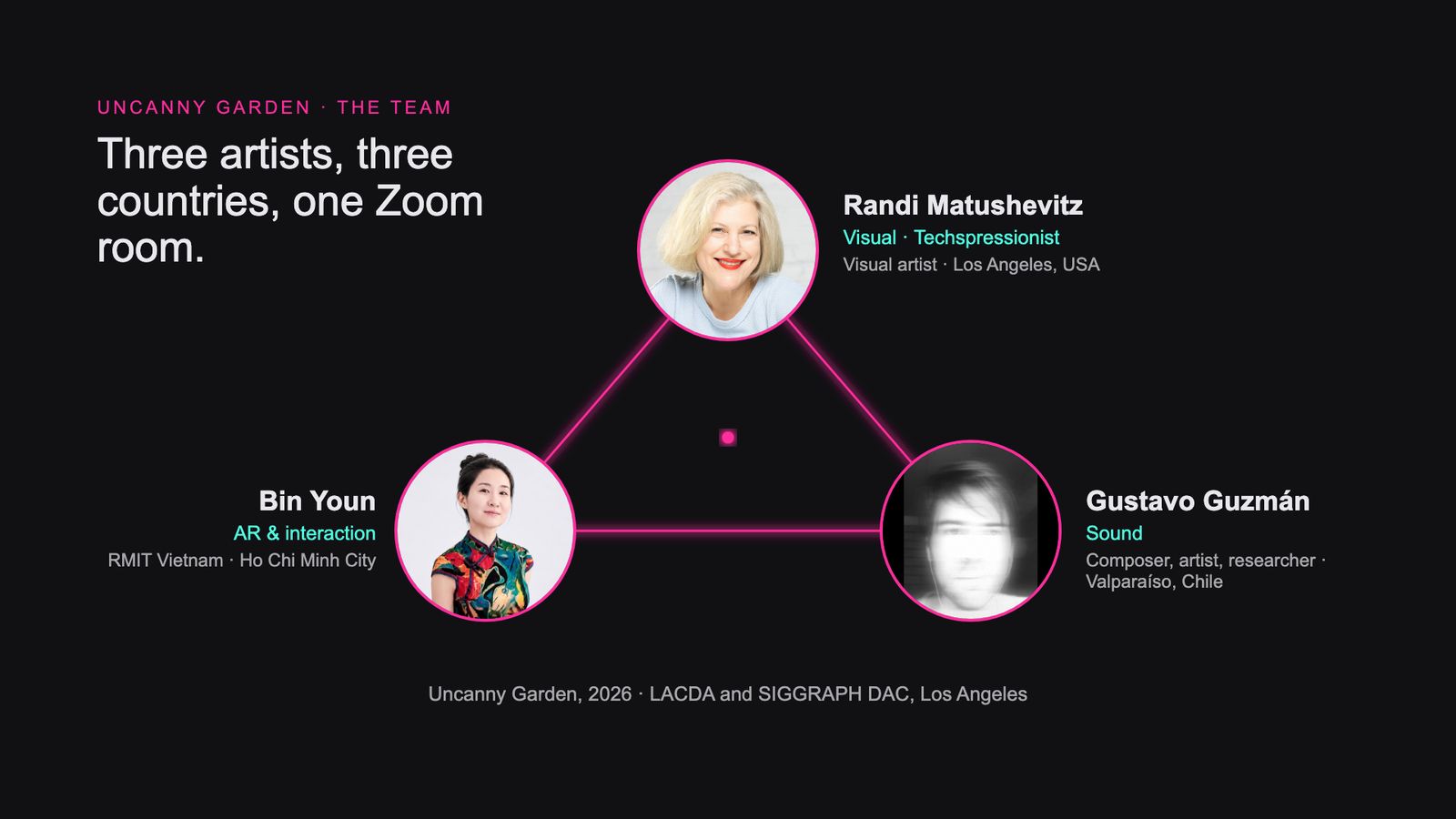 Slide 33: Three artists, three countries, one Zoom room.